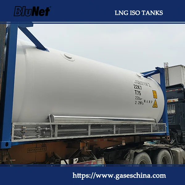 Cryogenic ISO tank: 20‑ft vacuum‑insulated stainless container for safe LNG / liquid‑gas transport at ‑196 °C.
