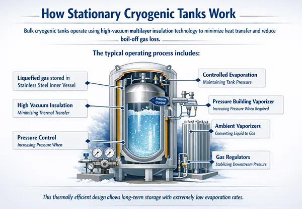 Diagram showing how a stationary cryogenic tank works with a pressure-building system and ambient vaporizer gas supply process