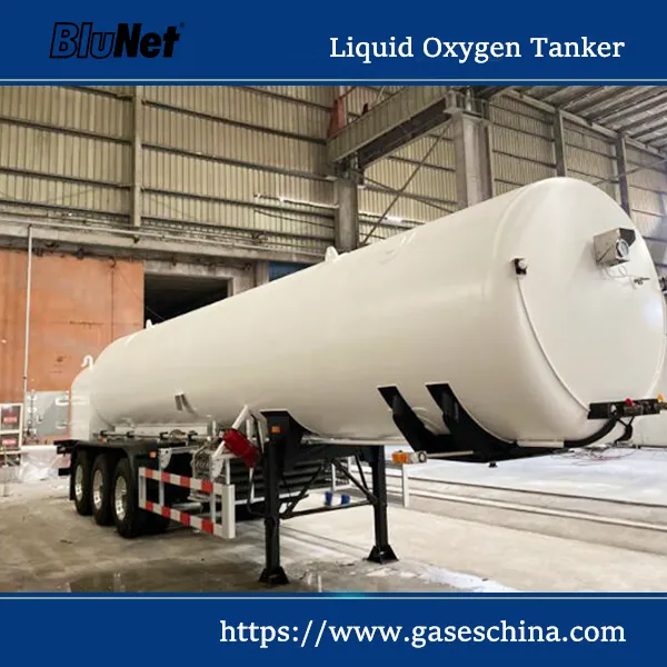 Liquid oxygen trailer with vacuum insulated double wall design, stainless steel vessel, and safety valves for LOX transport