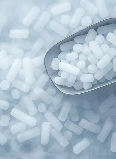 Dry ice solid carbon dioxide sublimating into gas at  78 5°C in controlled environment