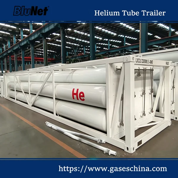 BluNet helium tube trailer for high pressure helium transport used in semiconductor, aerospace, and medical applications