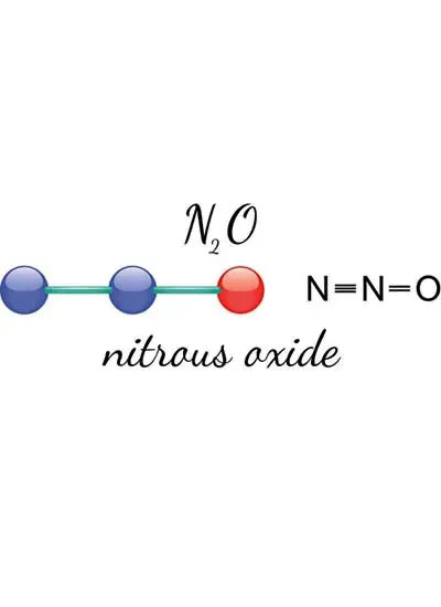 Chemical formula and molecular structure of nitrous oxide (N2O) gas used in medical anesthesia, automotive performance, and industrial applications
