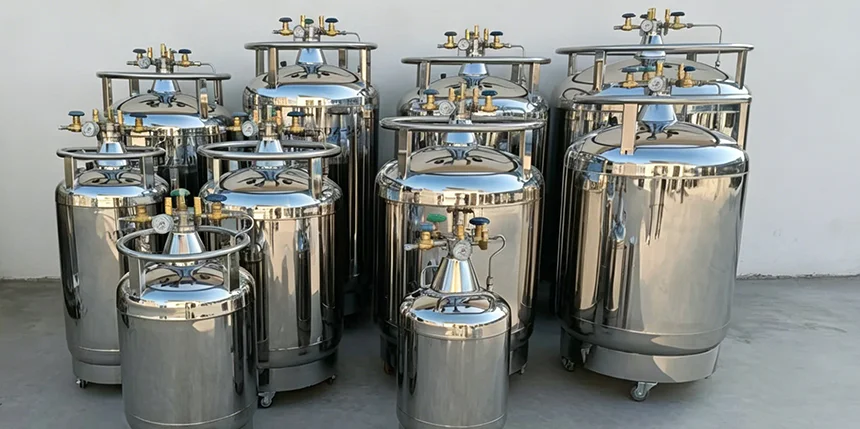 Various types of cryogenic liquid dewars including laboratory, transport, bulk storage, and specialized dewars