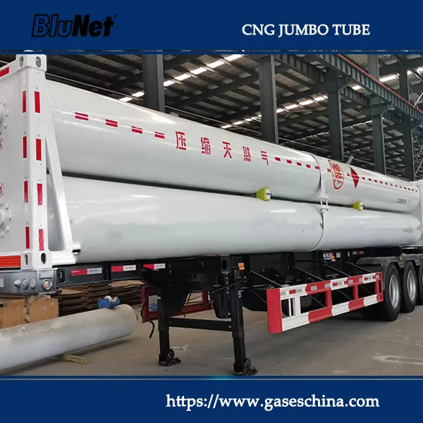 BluNet CNG tube trailer with seamless steel tubes for safe compressed natural gas transport, virtual pipeline, and gas supply 