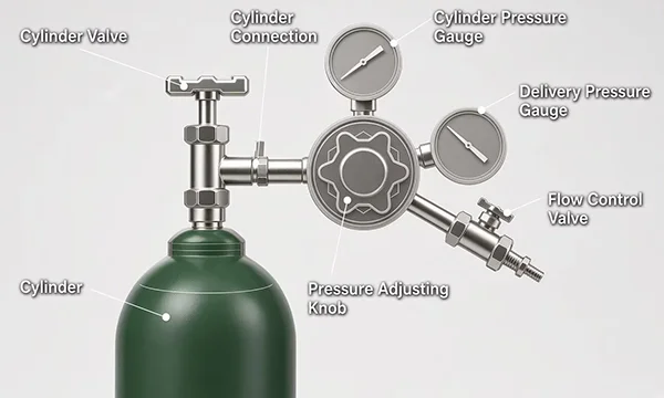 Gas cylinder valve and pressure regulator in a gas delivery system