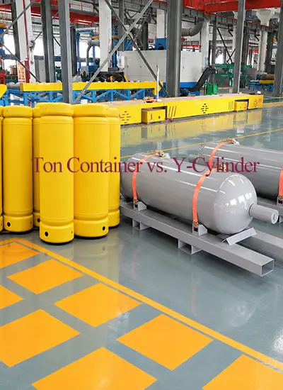 Comparison of a high pressure Y Ton seamless steel cylinder and a welded steel ton container